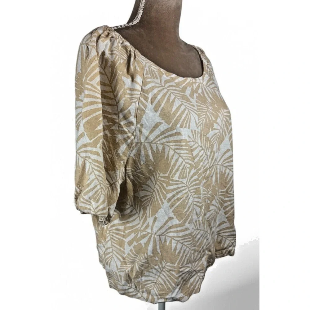 Ann Taylor Loft Womens Sz XL Linen Top Tropical Print Tan Cream Puff Sleeve‎
